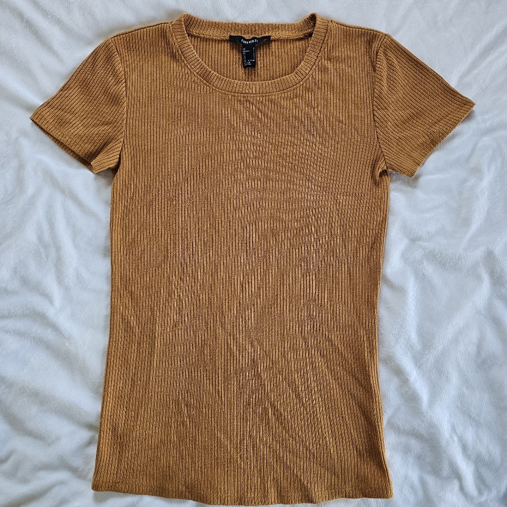 Mustard Yellow Crew Neck Ribbed Fitted Shirt
